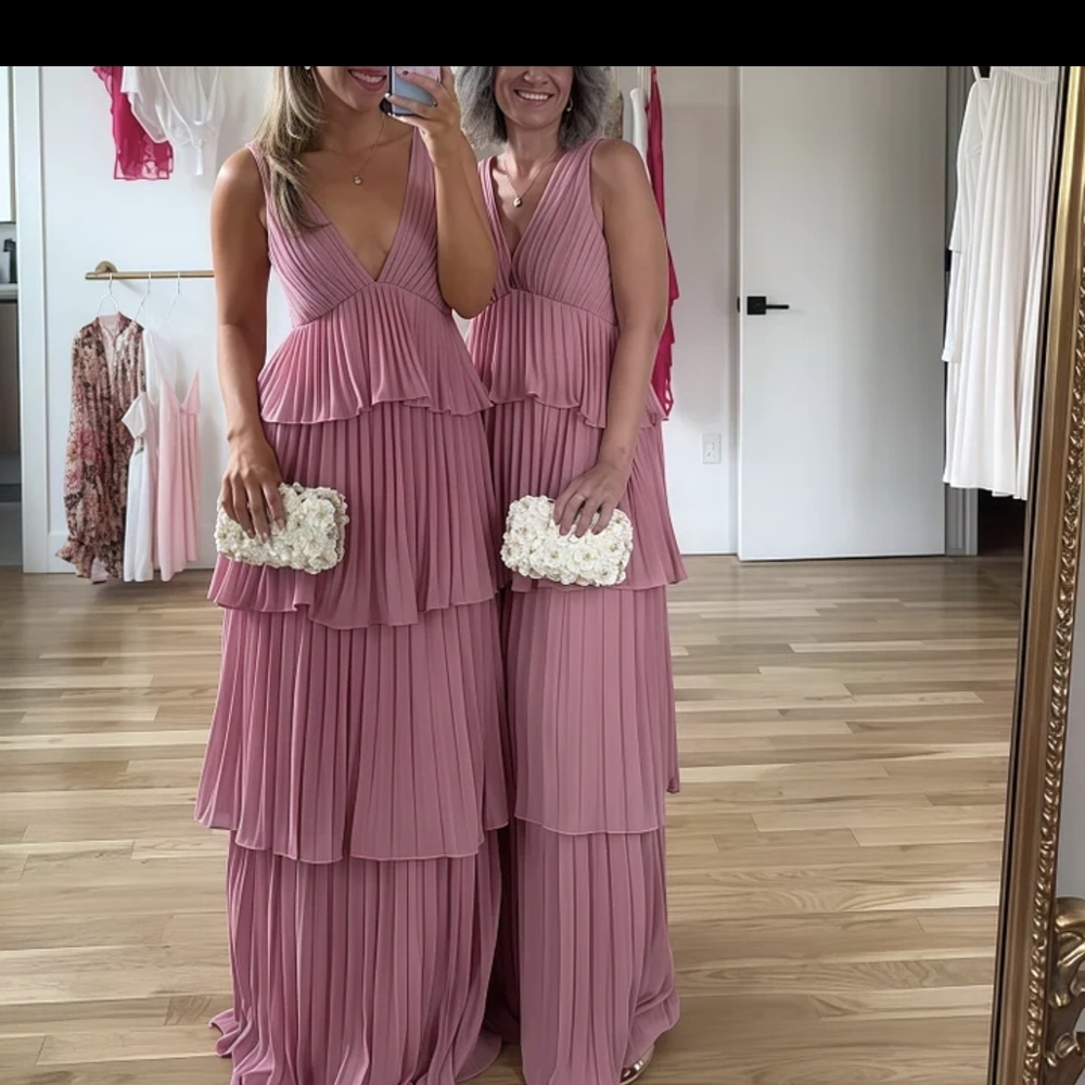 XL Elegant Pink Tiered Formal For Winter Maxi Prom Dress